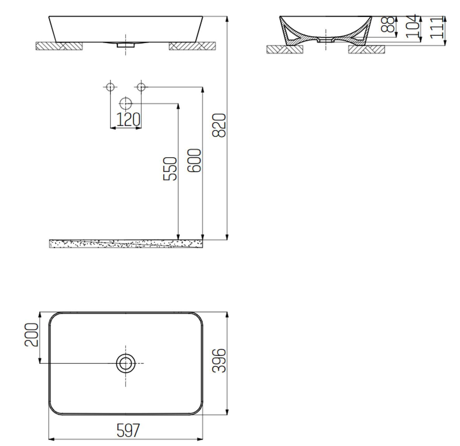 Keramische Wastafel Rechthoek Zonder Kraangat 60x40cm